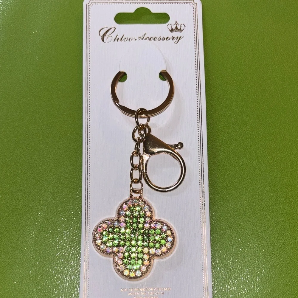 Green & Gold Crystal Clover Keychain/Bag Charm